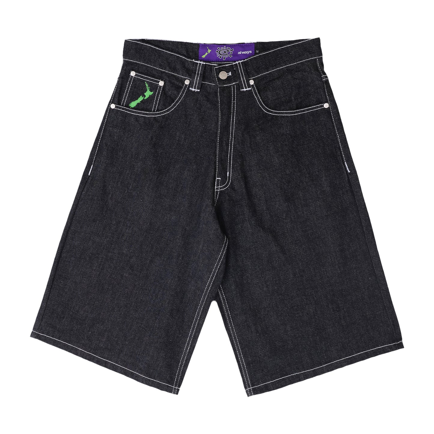 Back Pocket Print Denim Shorts - Black