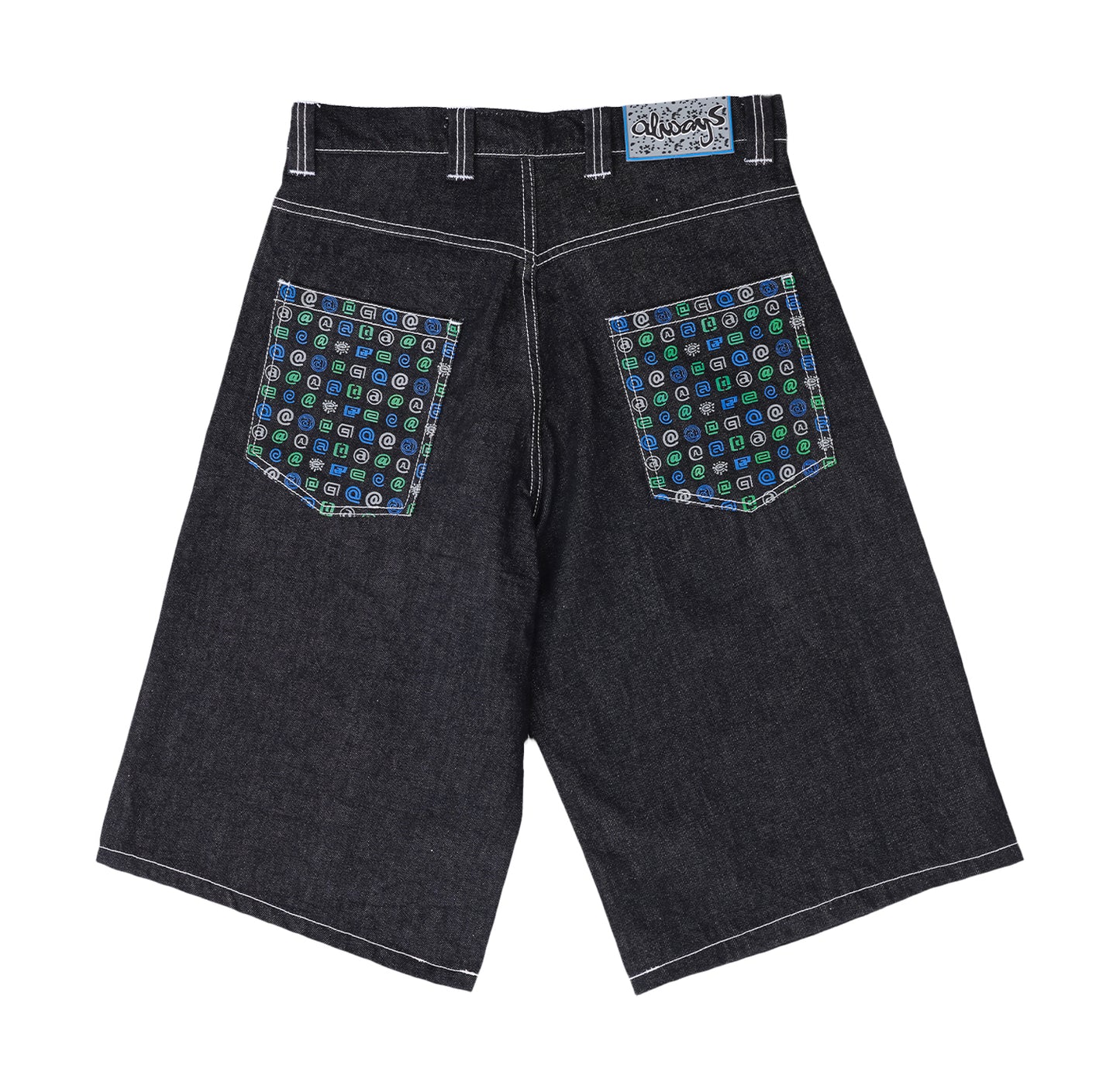 Back Pocket Print Denim Shorts - Black