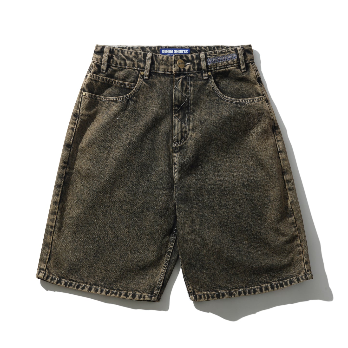 Brown denim shorts on a white background