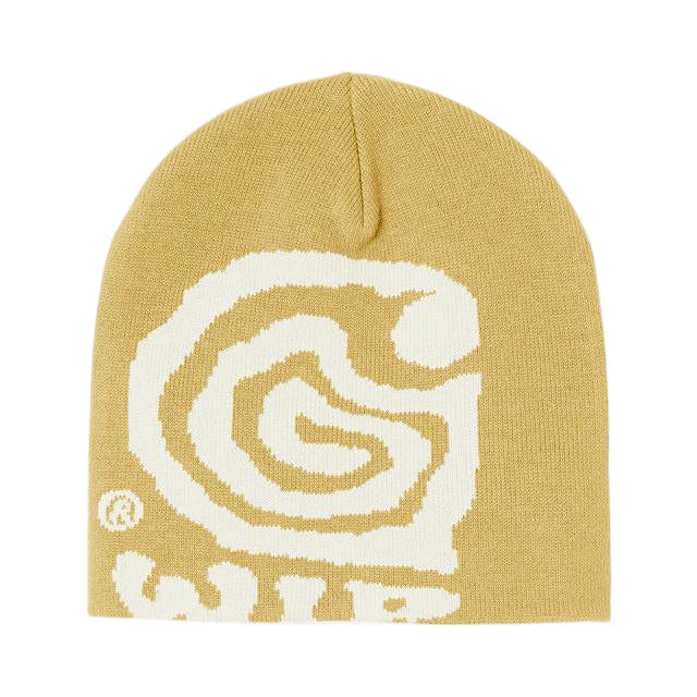 Yellow beanie with white spiral design on a light gray background