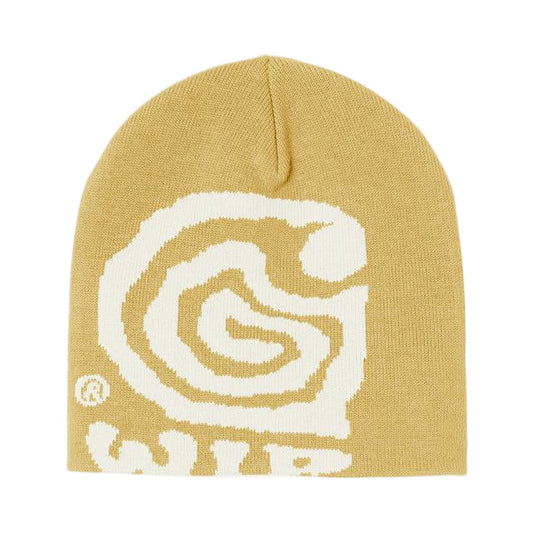 Yellow beanie with white spiral design on a light gray background