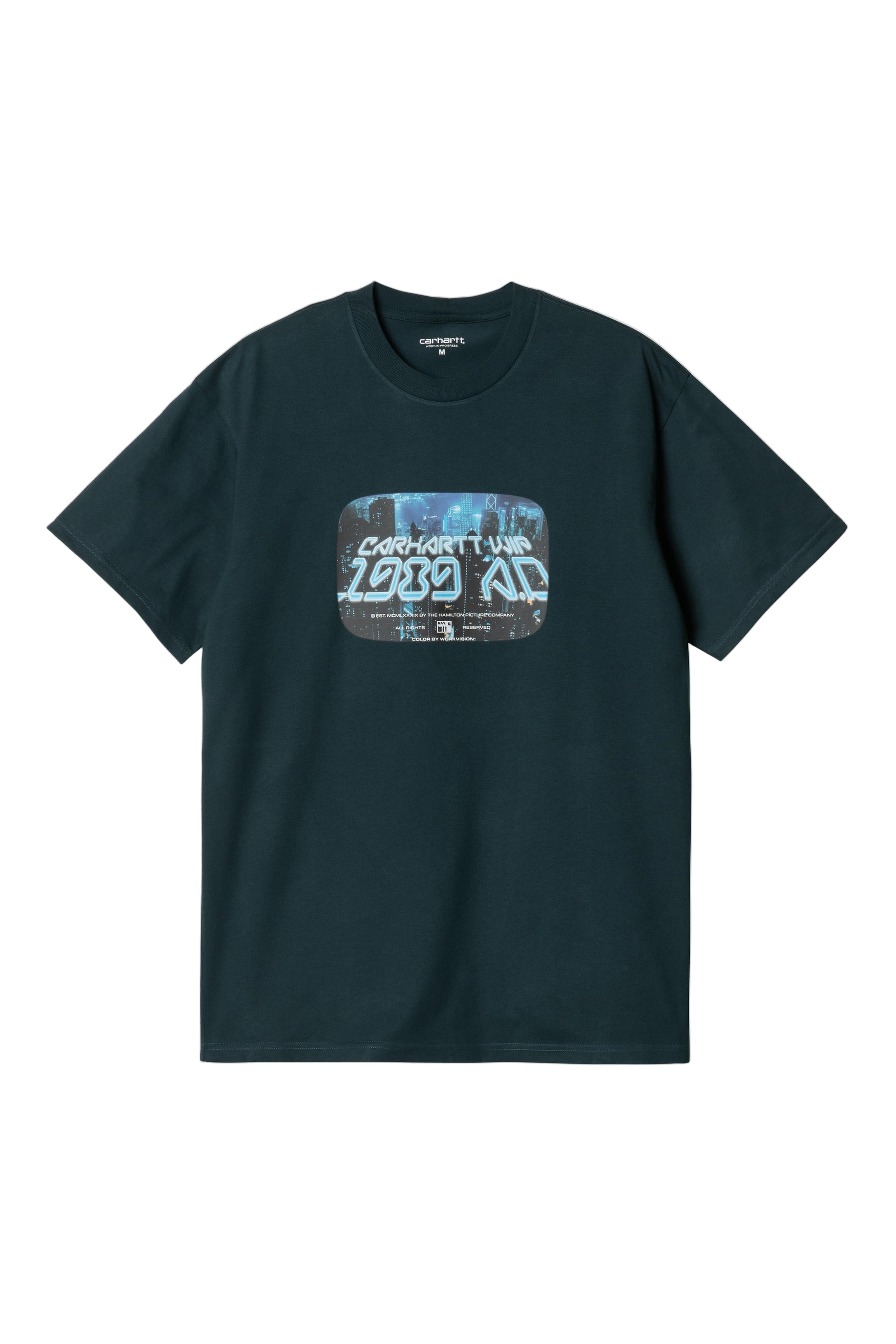 dark blue t-shirt with graphic design on a white background
