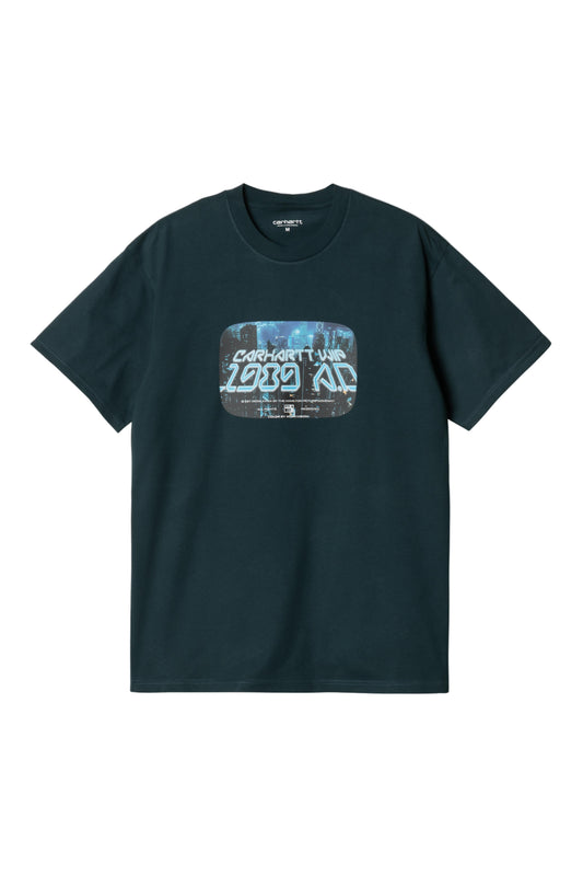 dark blue t-shirt with graphic design on a white background