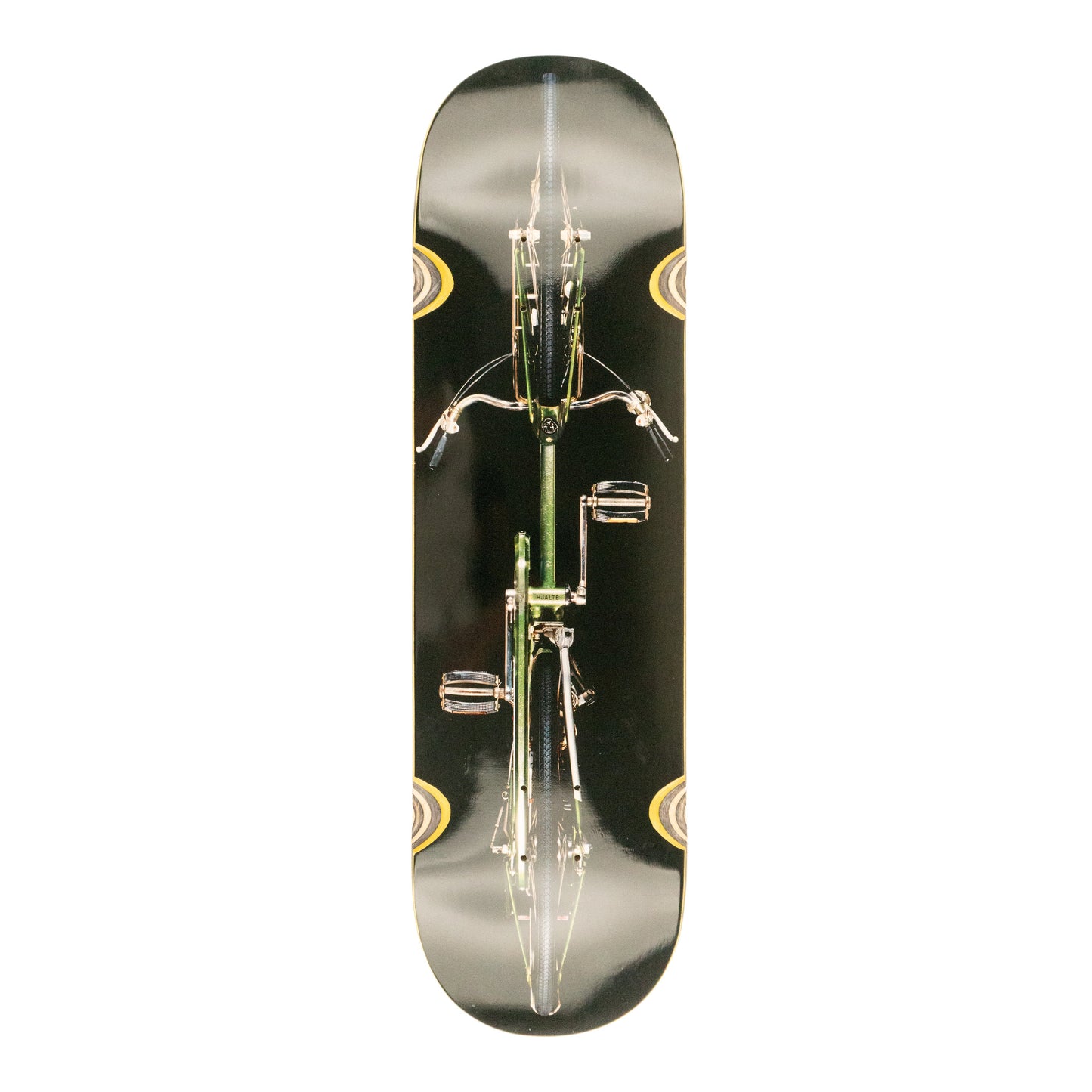 Skateboard deck with bicycle design on a black background