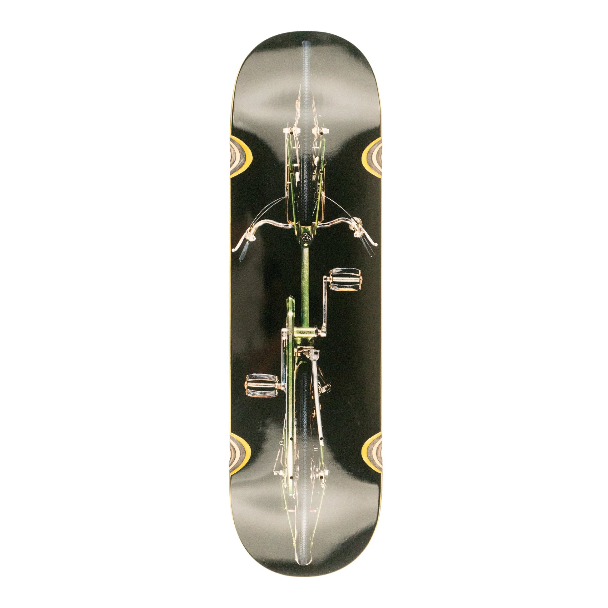 Skateboard deck with bicycle design on a black background