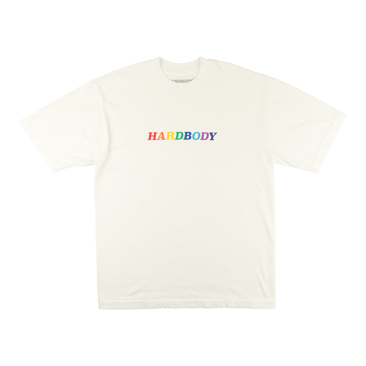 White t-shirt with 'HARDBODY' text in rainbow colors on a white background