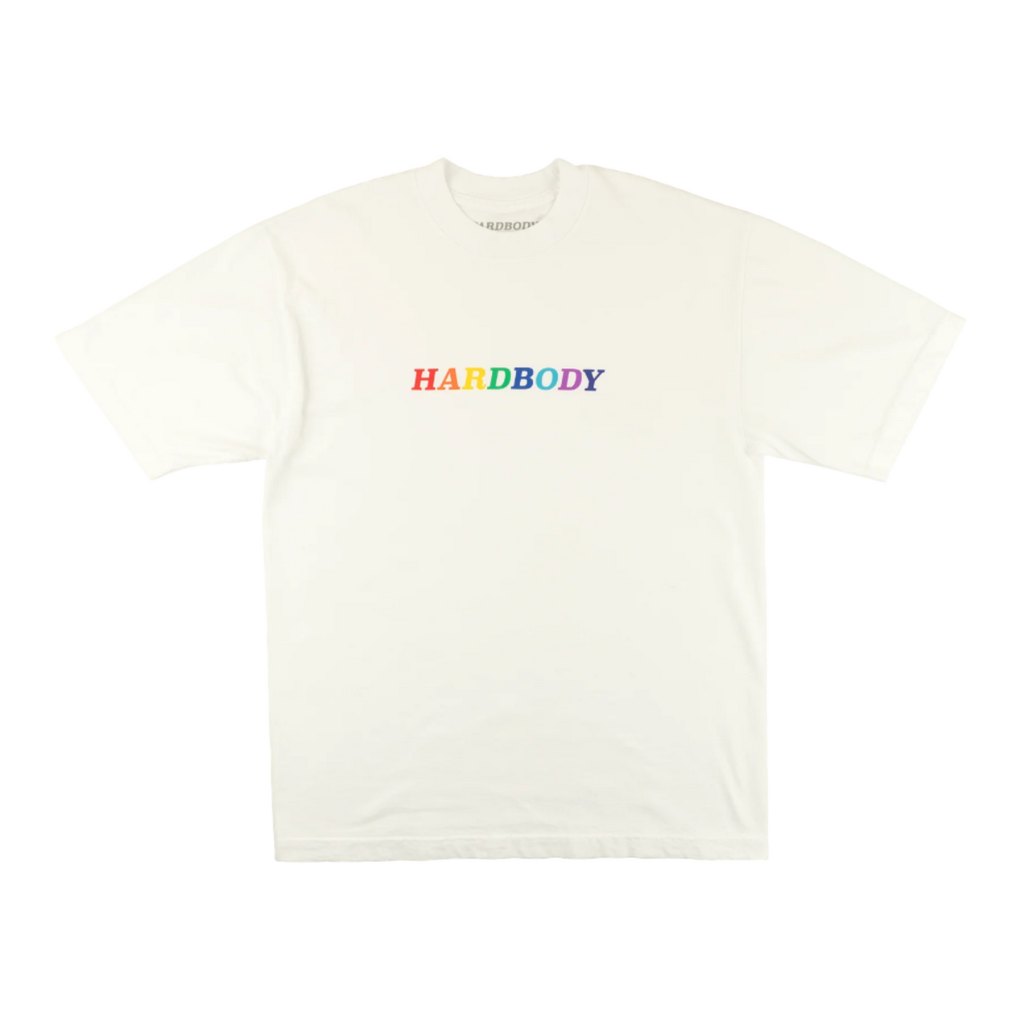 White t-shirt with 'HARDBODY' text in rainbow colors on a white background