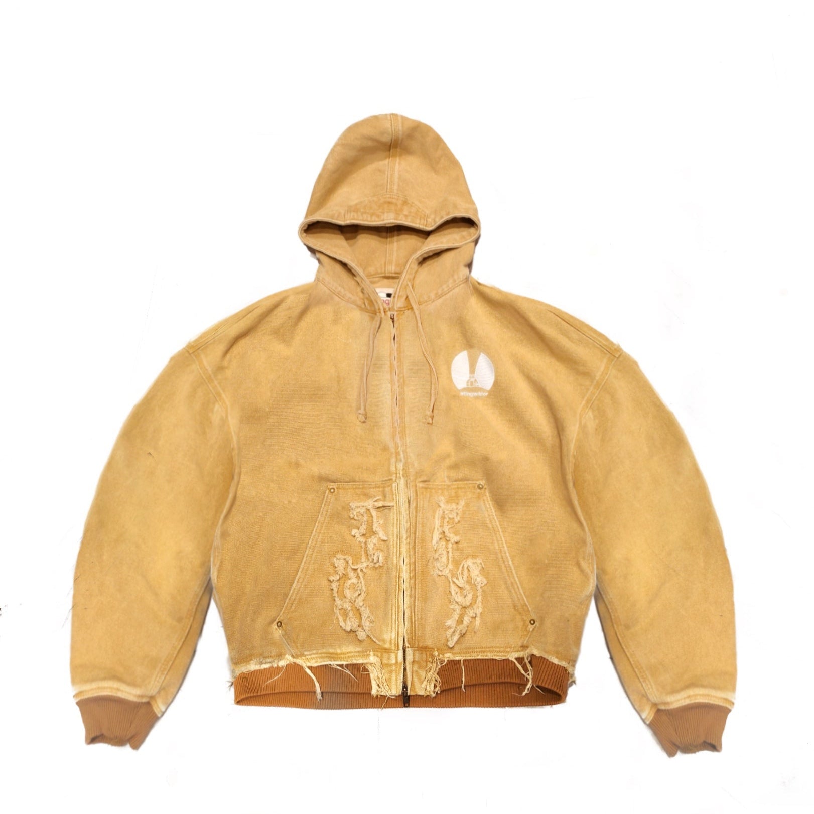 Beige hooded jacket with visible wear on a white background