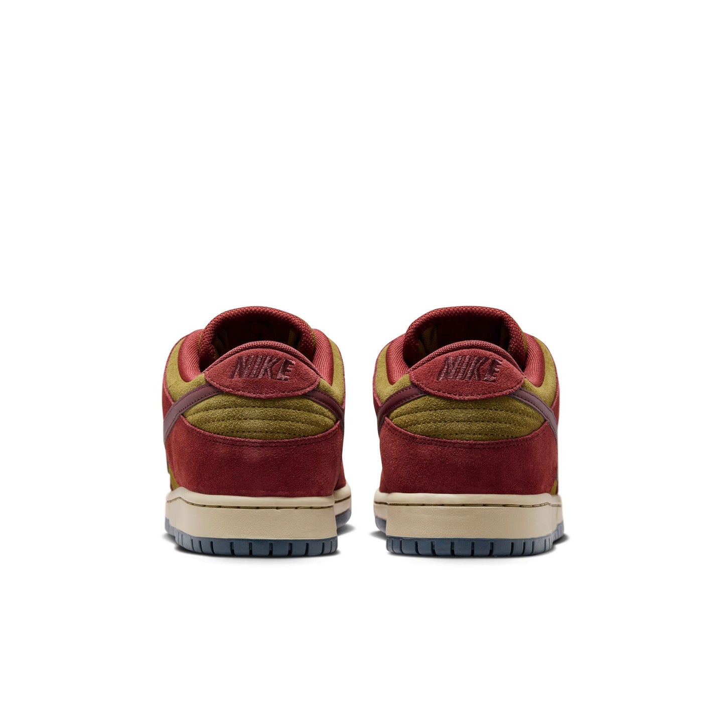 Red and beige Nike sneakers shown from the back on a white background