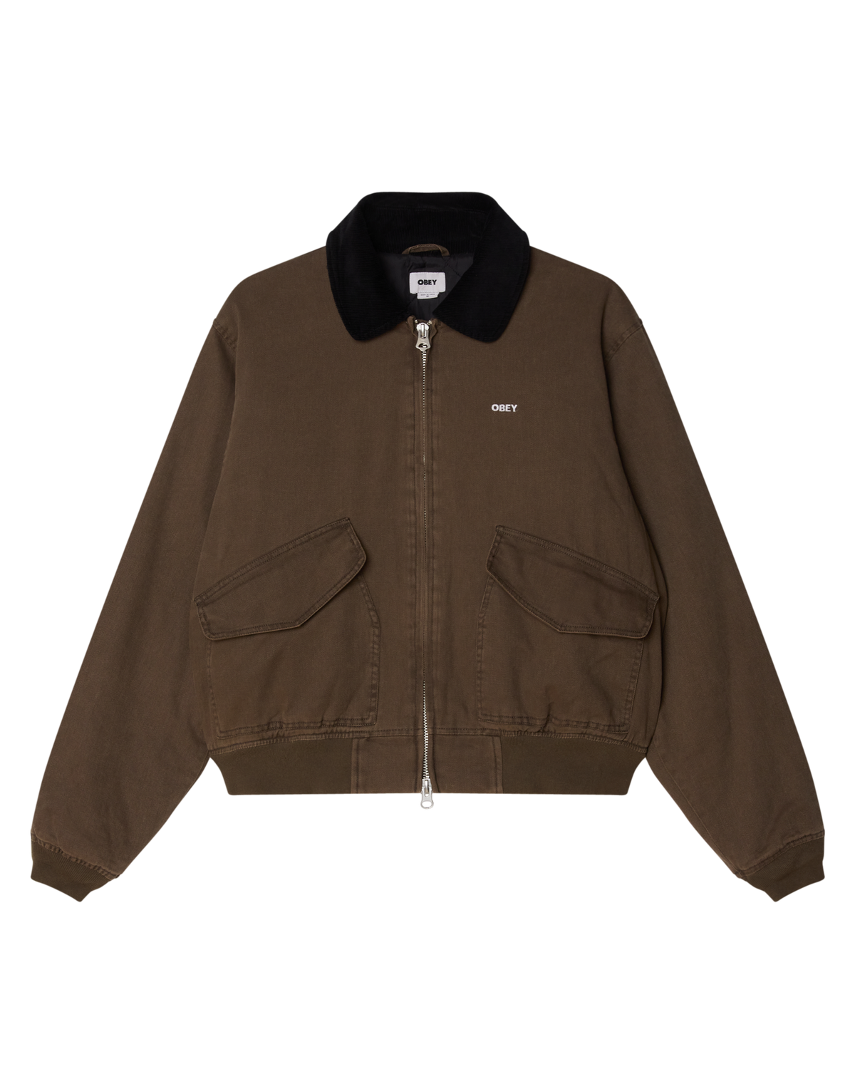 Brown jacket with black collar on a white background