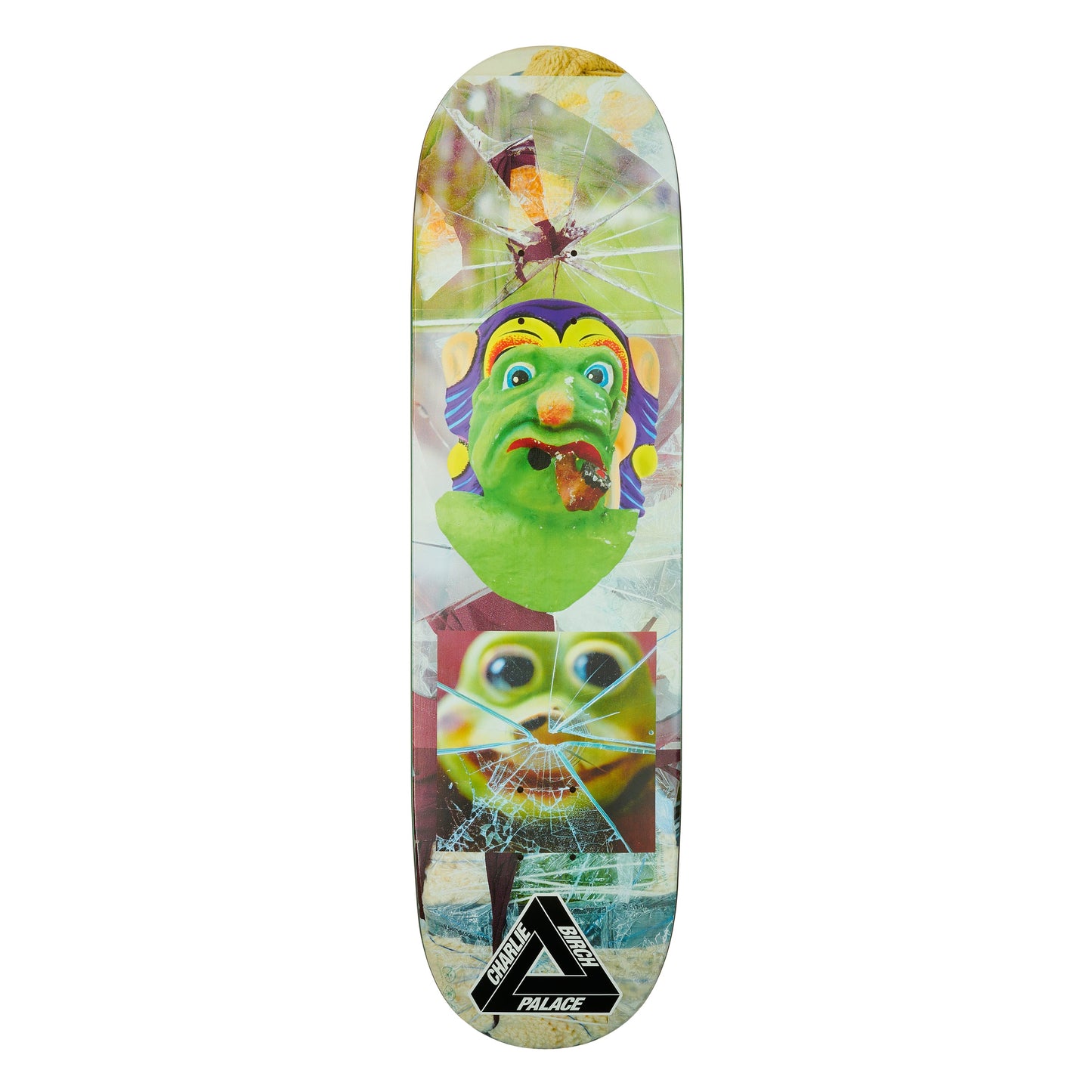 Skateboard deck with colorful graphic design on a white background