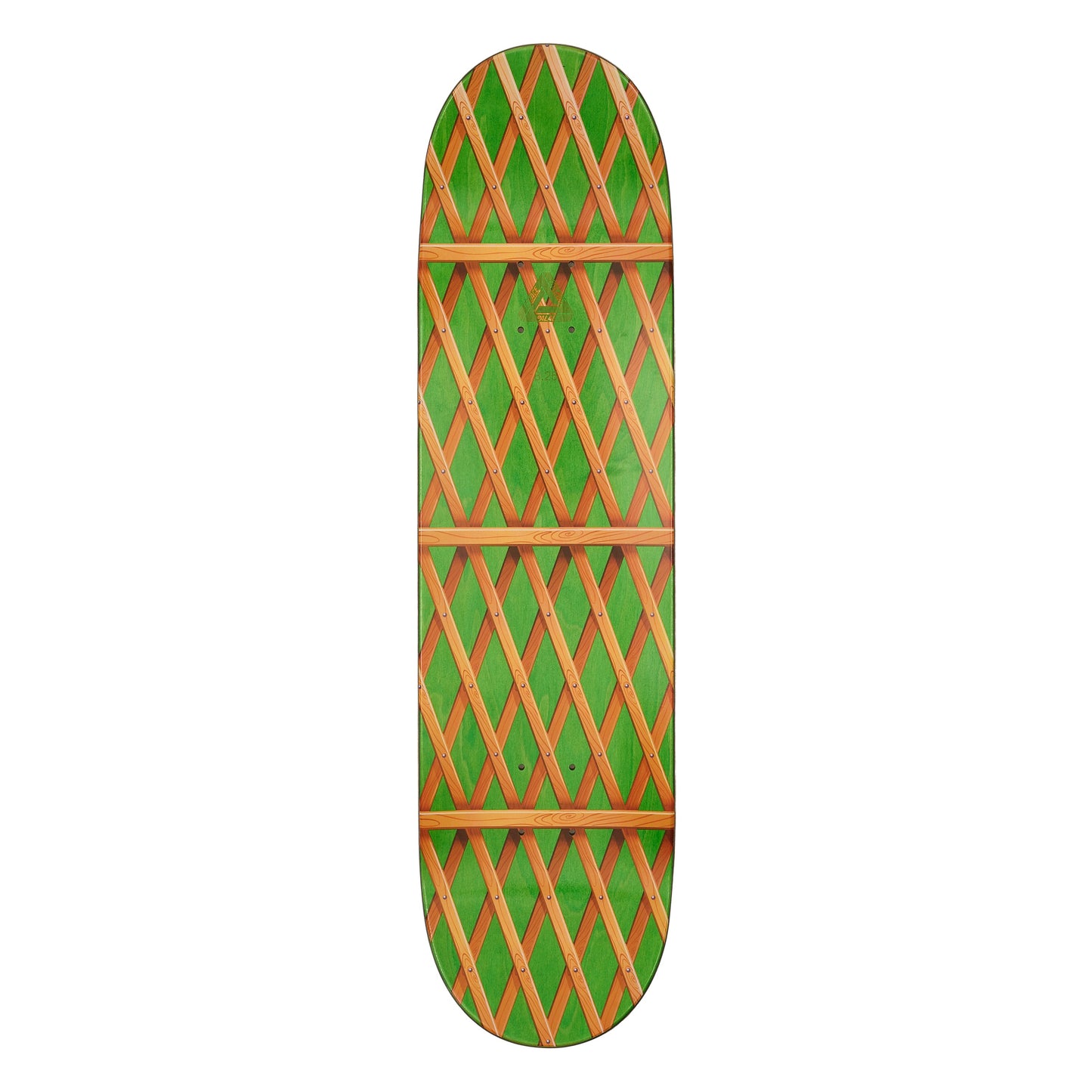 Skateboard deck with green and brown geometric pattern on a white background