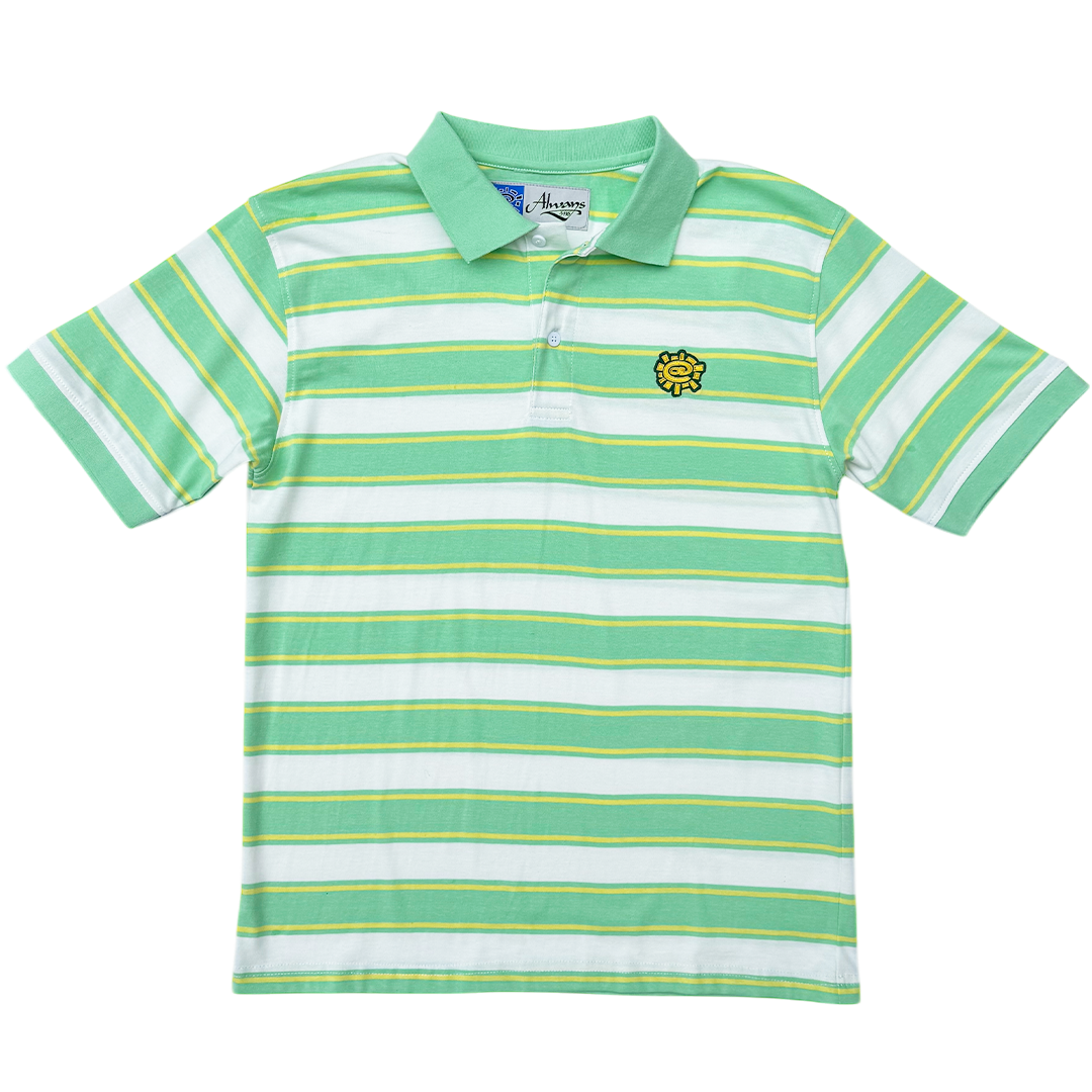 Green and white striped polo shirt with a logo on a white background