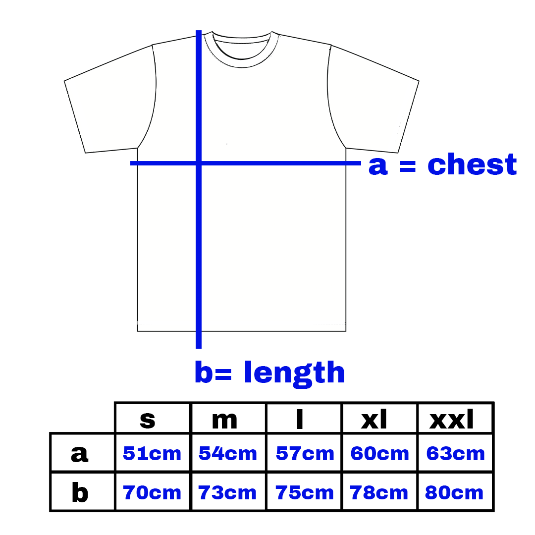 Diagram of a t-shirt with measurements for chest (a) and length (b), and a size chart below.