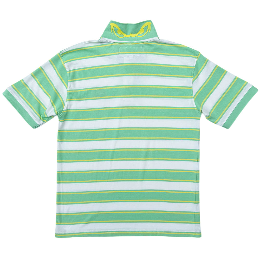 Green and white striped polo shirt on a white background