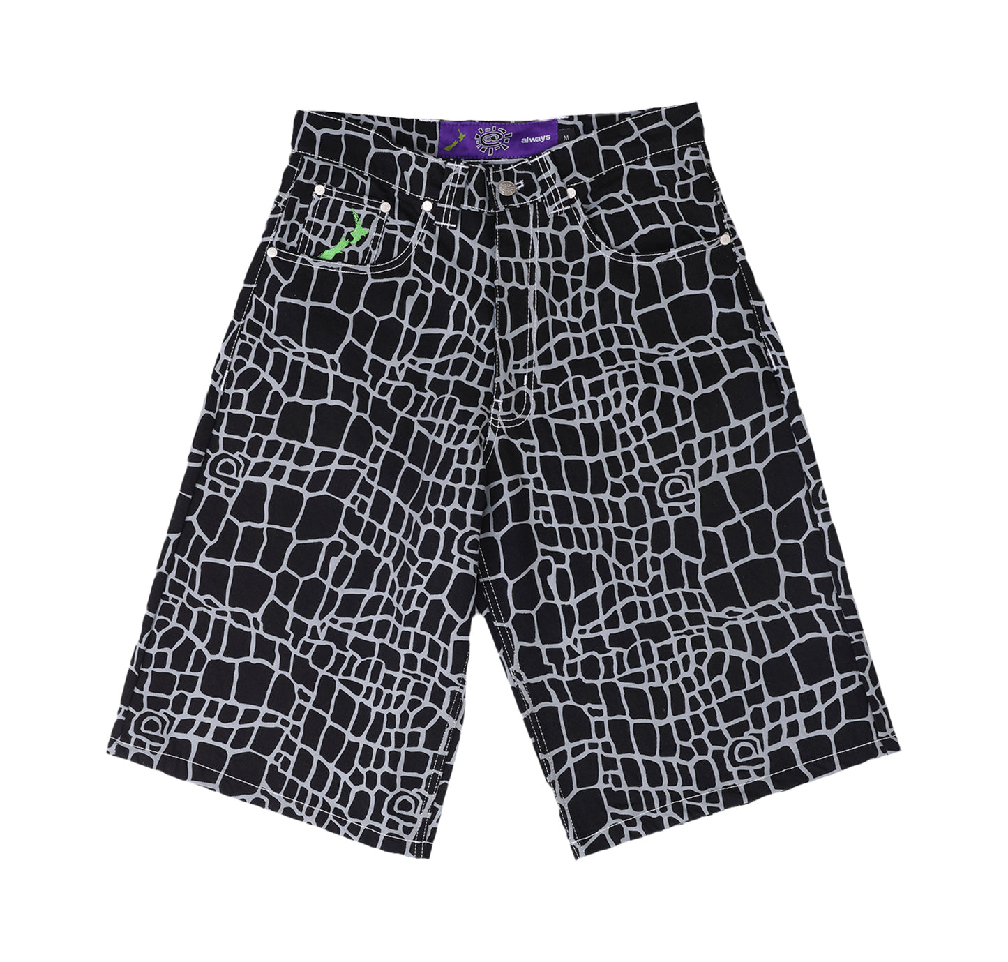 Croc Print Denim Shorts - Black