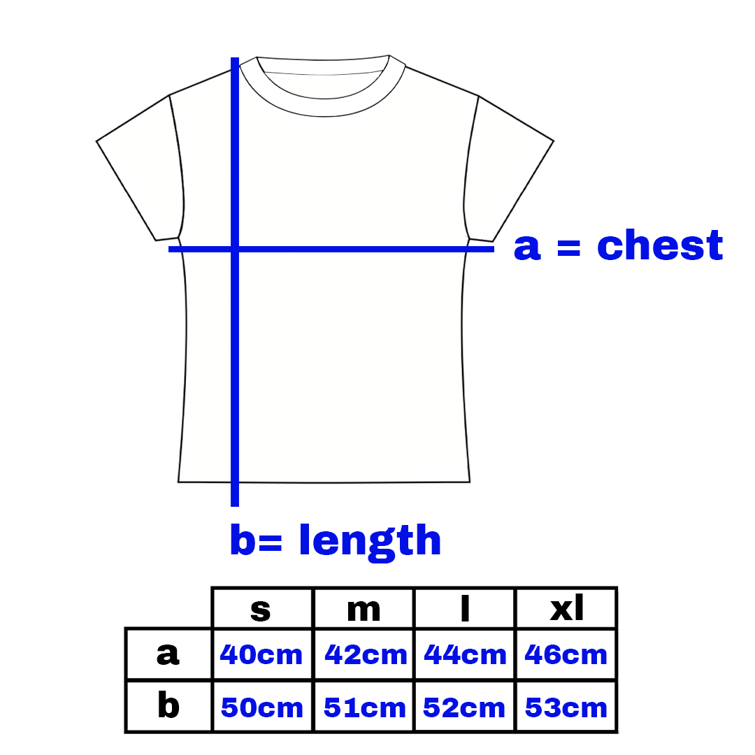 Diagram of a t-shirt with labeled chest (a) and length (b) measurements, along with a size chart.