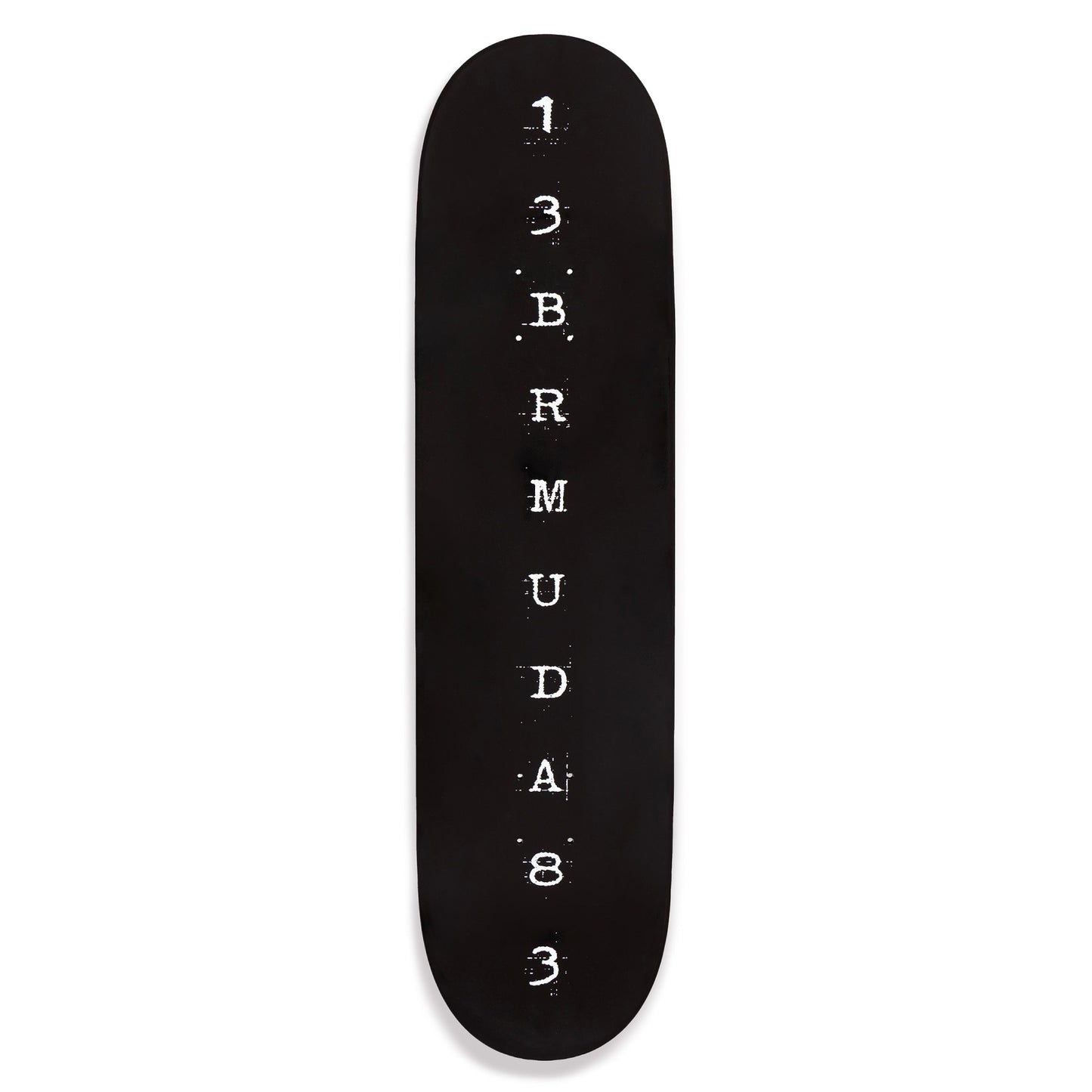 Black skateboard deck with white text on a white background
