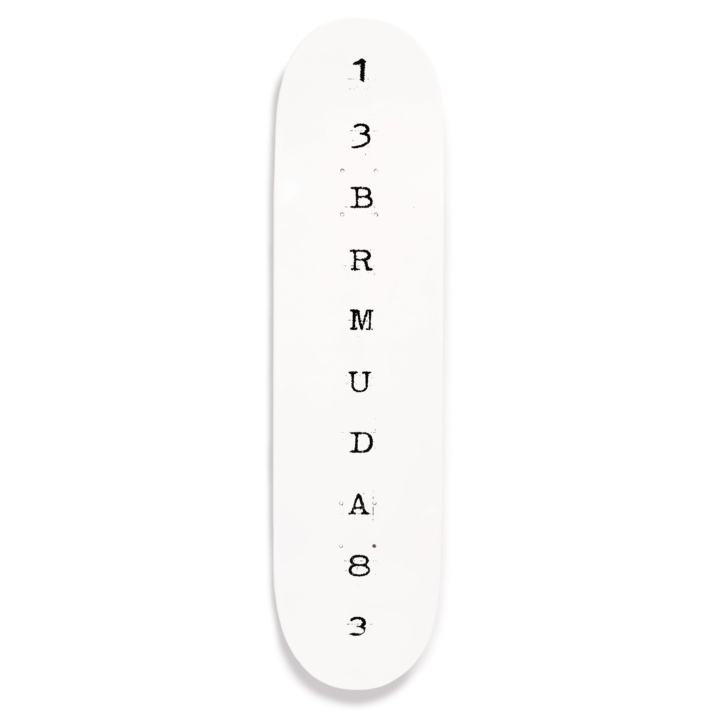 White skateboard deck with black text on a white background