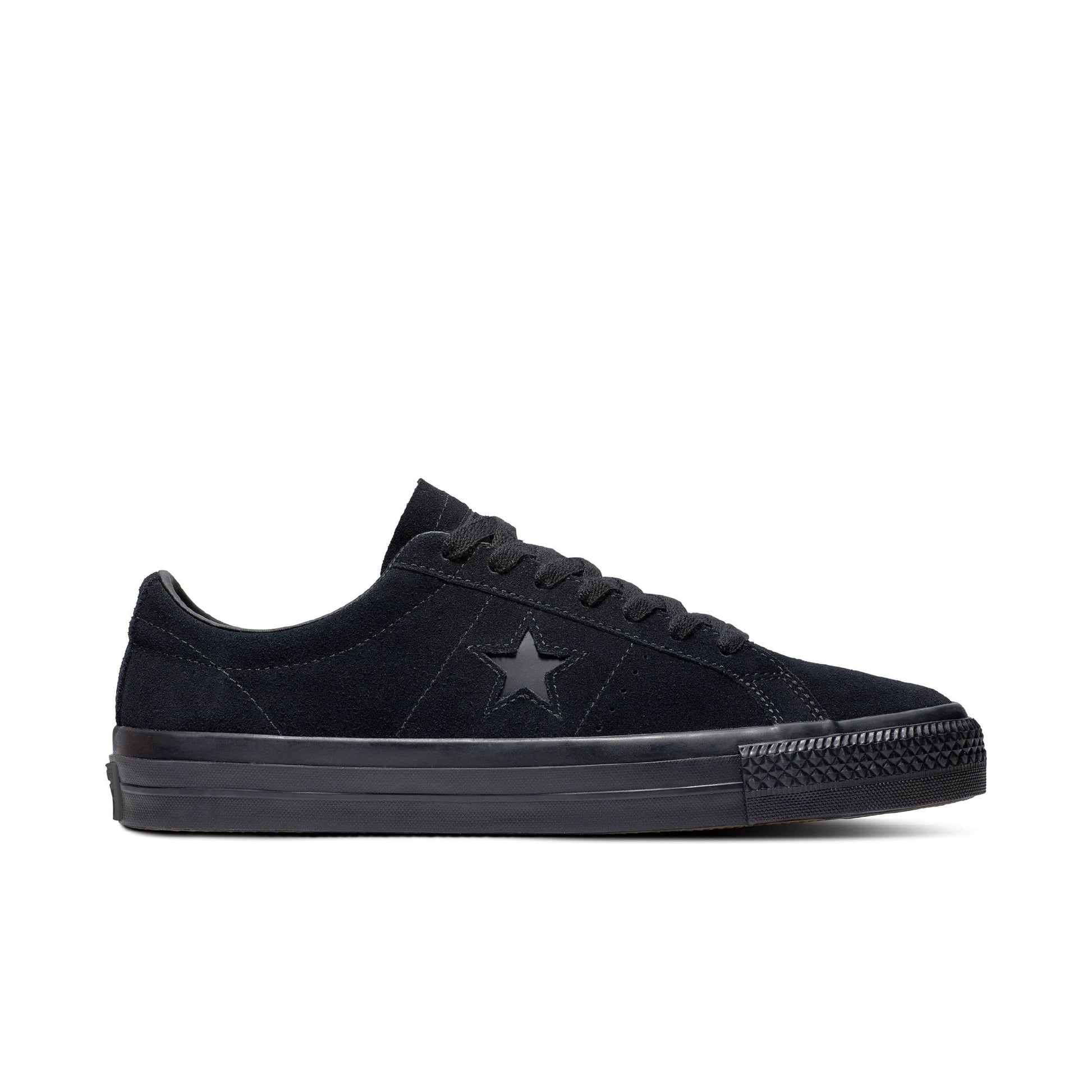 Black sneaker with a star logo on a white background