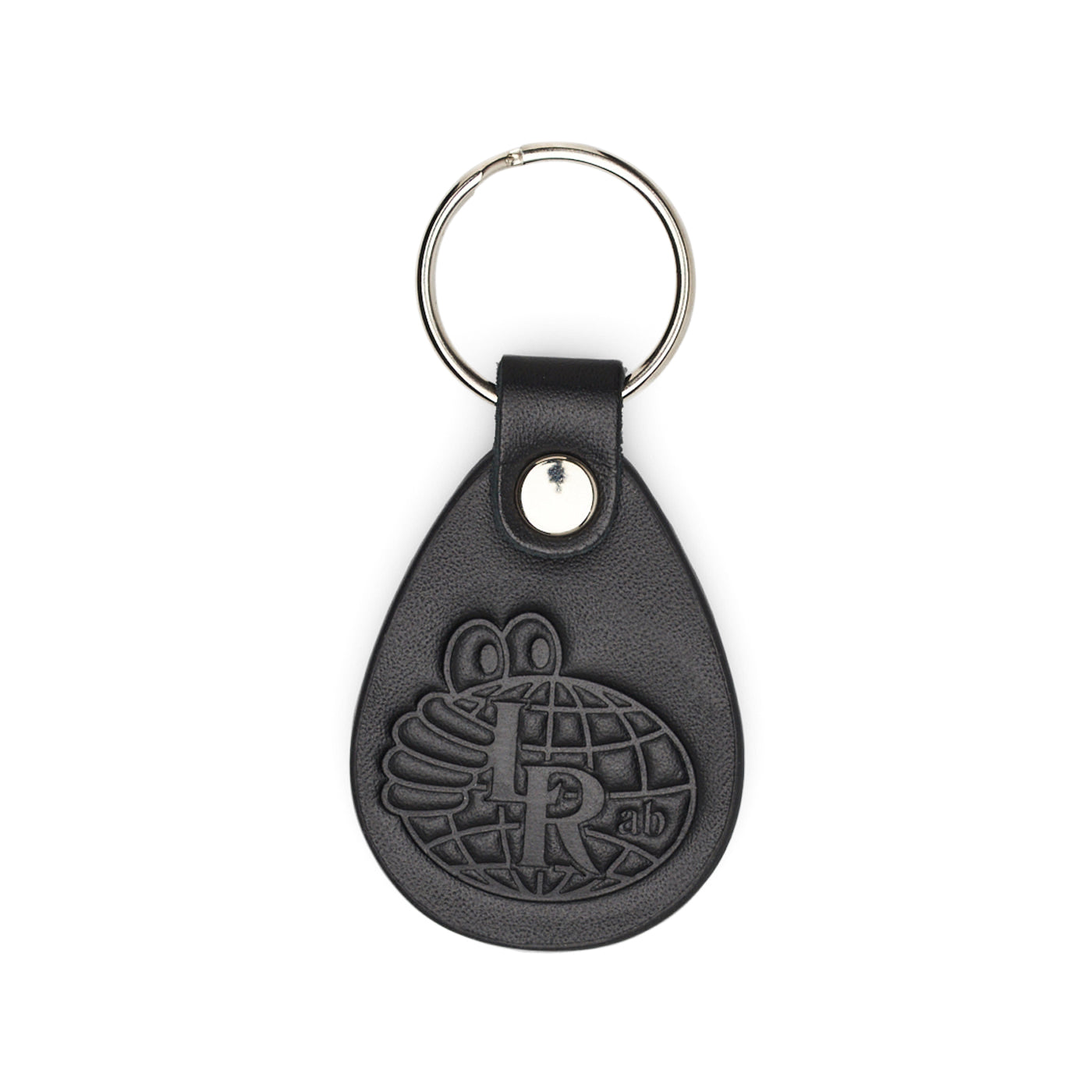 Black leather keychain with embossed logo on a white background
