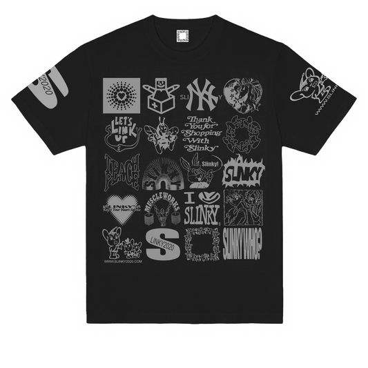Black t-shirt with white graphic designs on a white background
