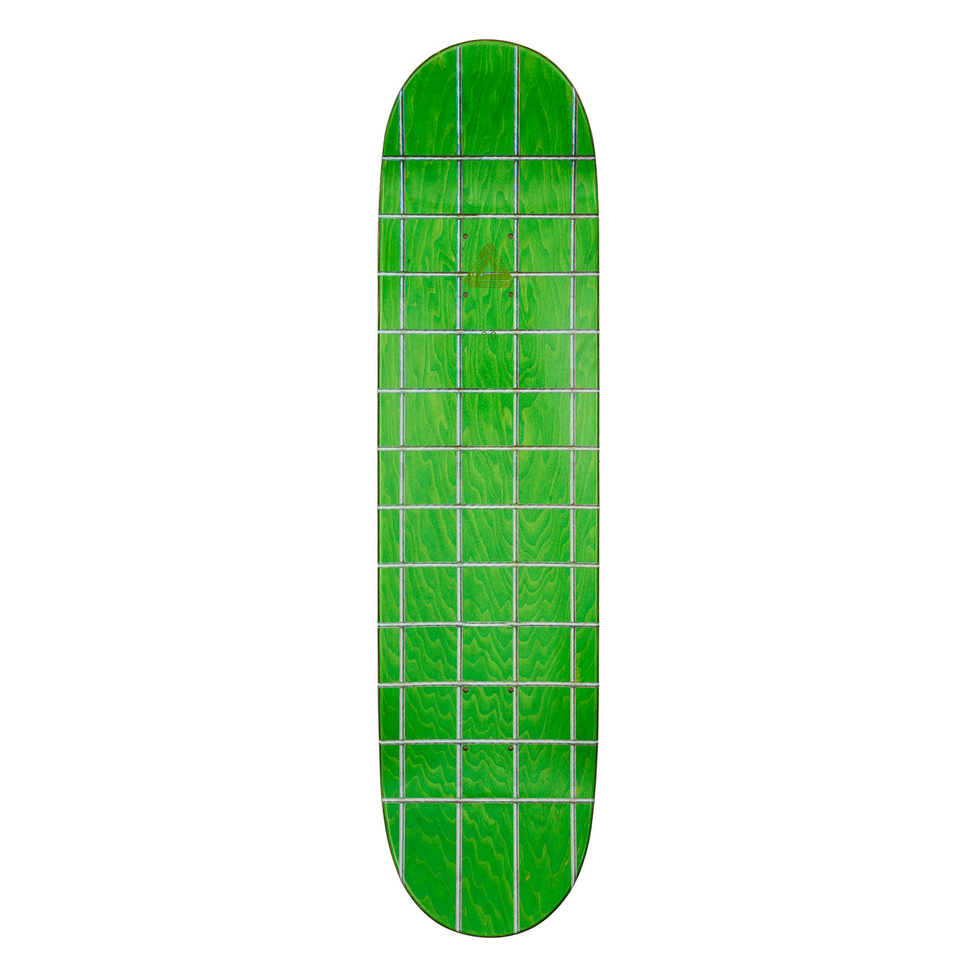 Green skateboard deck with grid pattern on a white background
