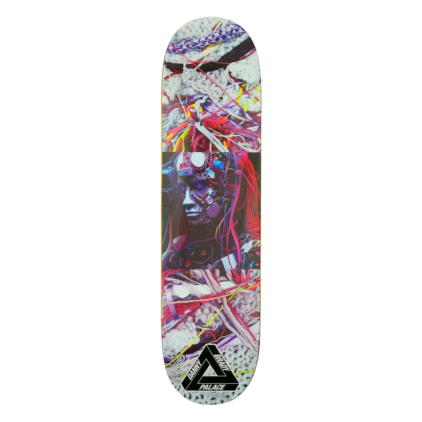 Skateboard deck with colorful abstract design and Palace Skateboards logo.