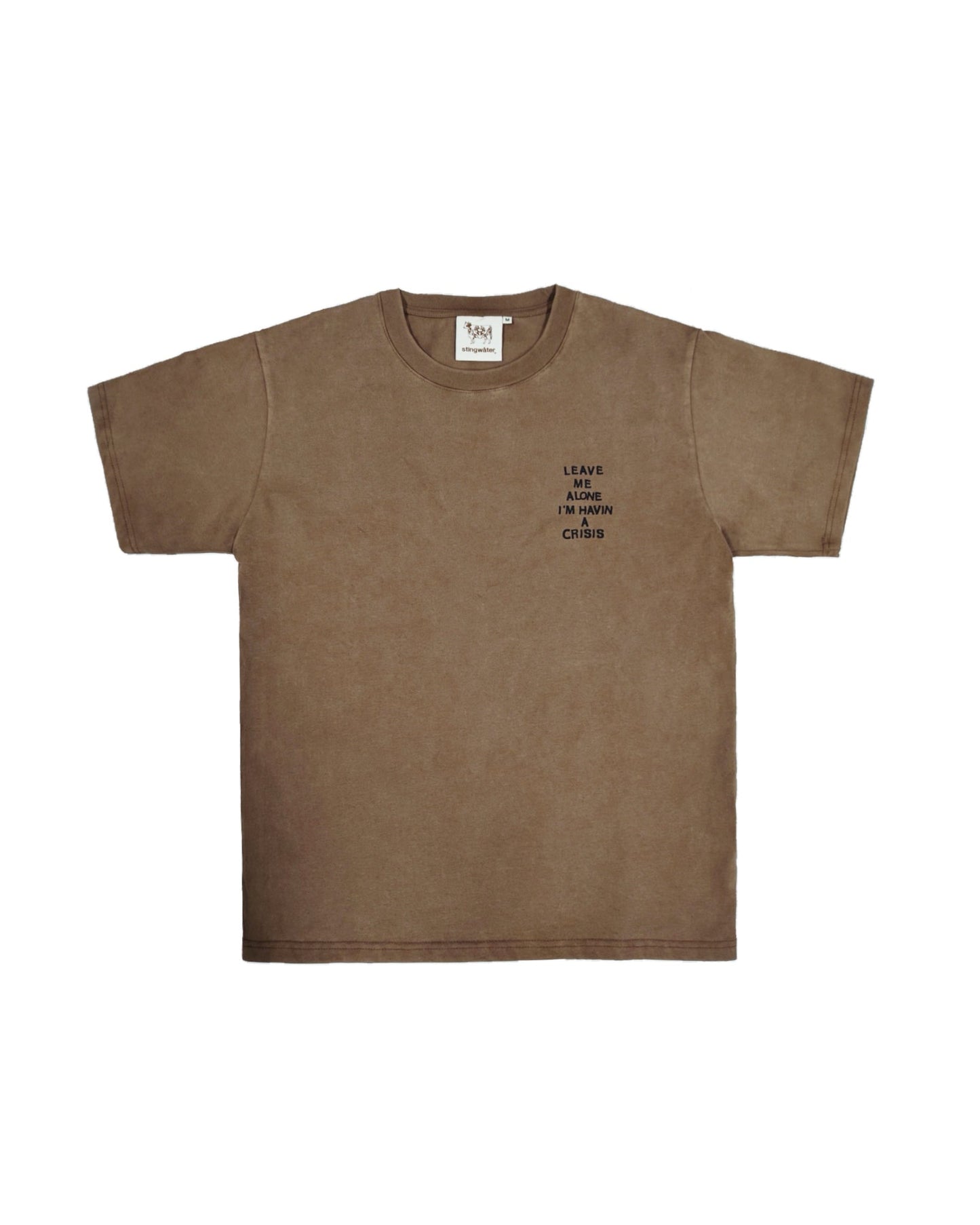Brown t-shirt with a small black text print on a white background
