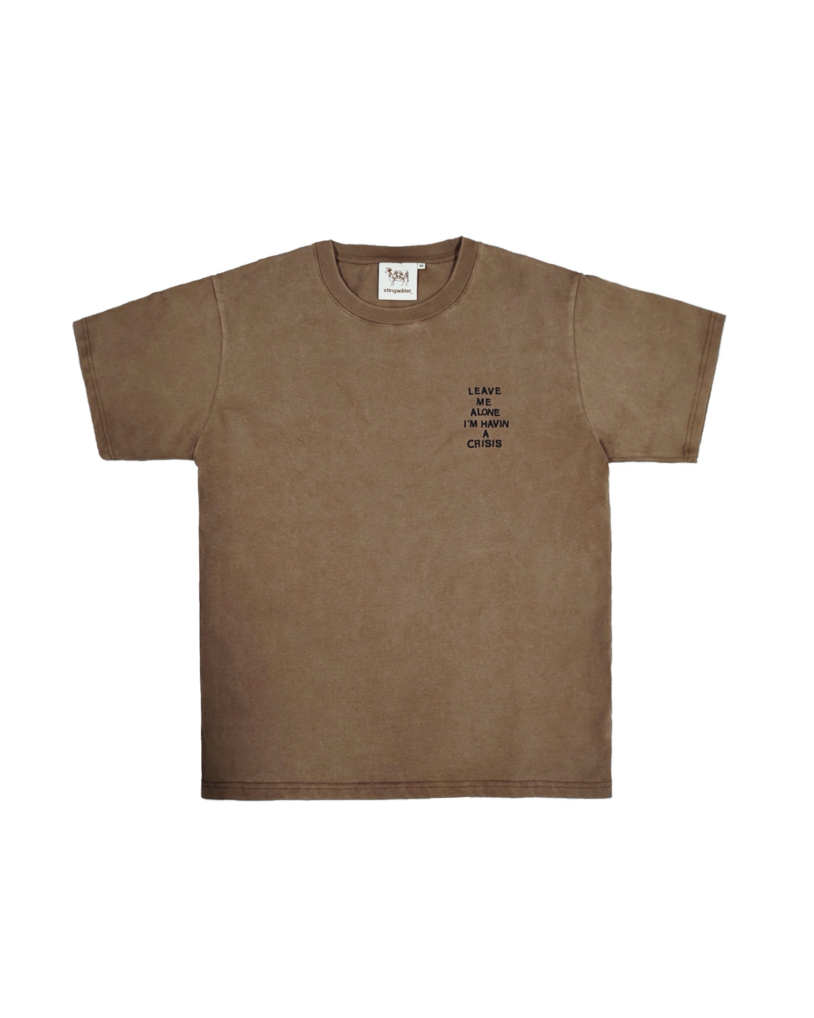 Brown t-shirt with a small black text print on a white background
