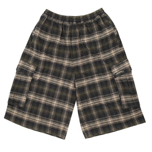 Yardsale Shoreline plaid shorts brown front view – UK skateboarding cargo shorts