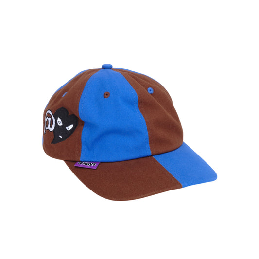 Brown and blue cap with a logo on a white background