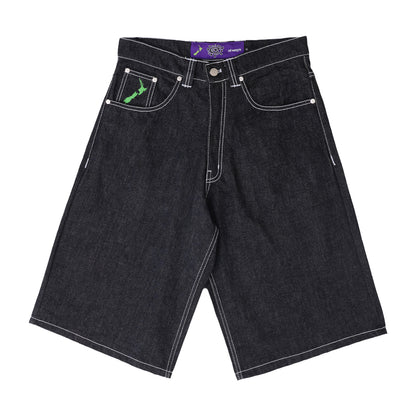 Back Pocket Print Denim Shorts - Black