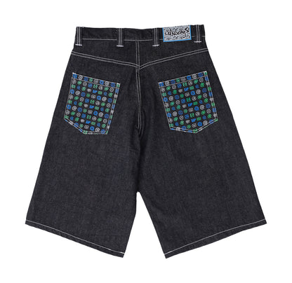 Back Pocket Print Denim Shorts - Black