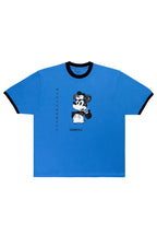 Blue t-shirt with black trim featuring a graphic design on a white background