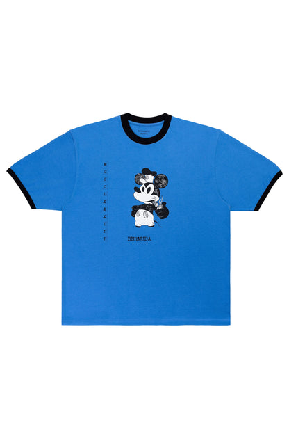Blue t-shirt with black trim featuring a graphic design on a white background