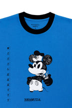 Blue t-shirt with a black and white graphic of a stylized mouse and text on a white background