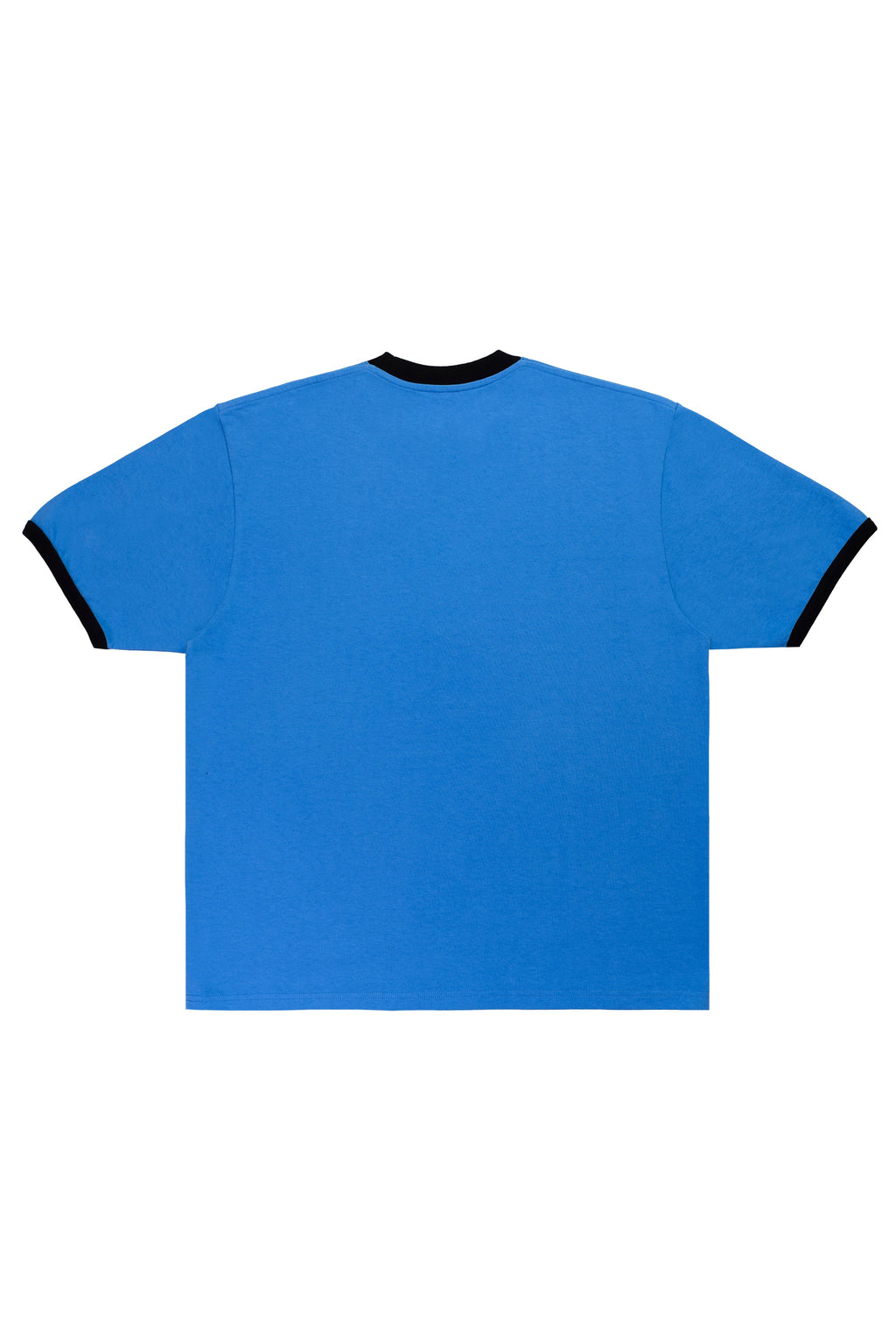 Blue t-shirt with black trim on a white background