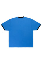 Blue t-shirt with black trim on a white background