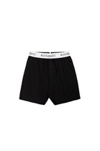 Black boxer briefs with white waistband on a white background