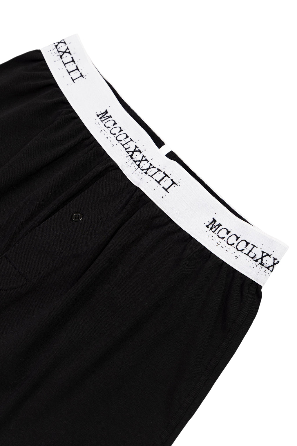 Black boxers
 with white waistband featuring Roman numerals on a white background