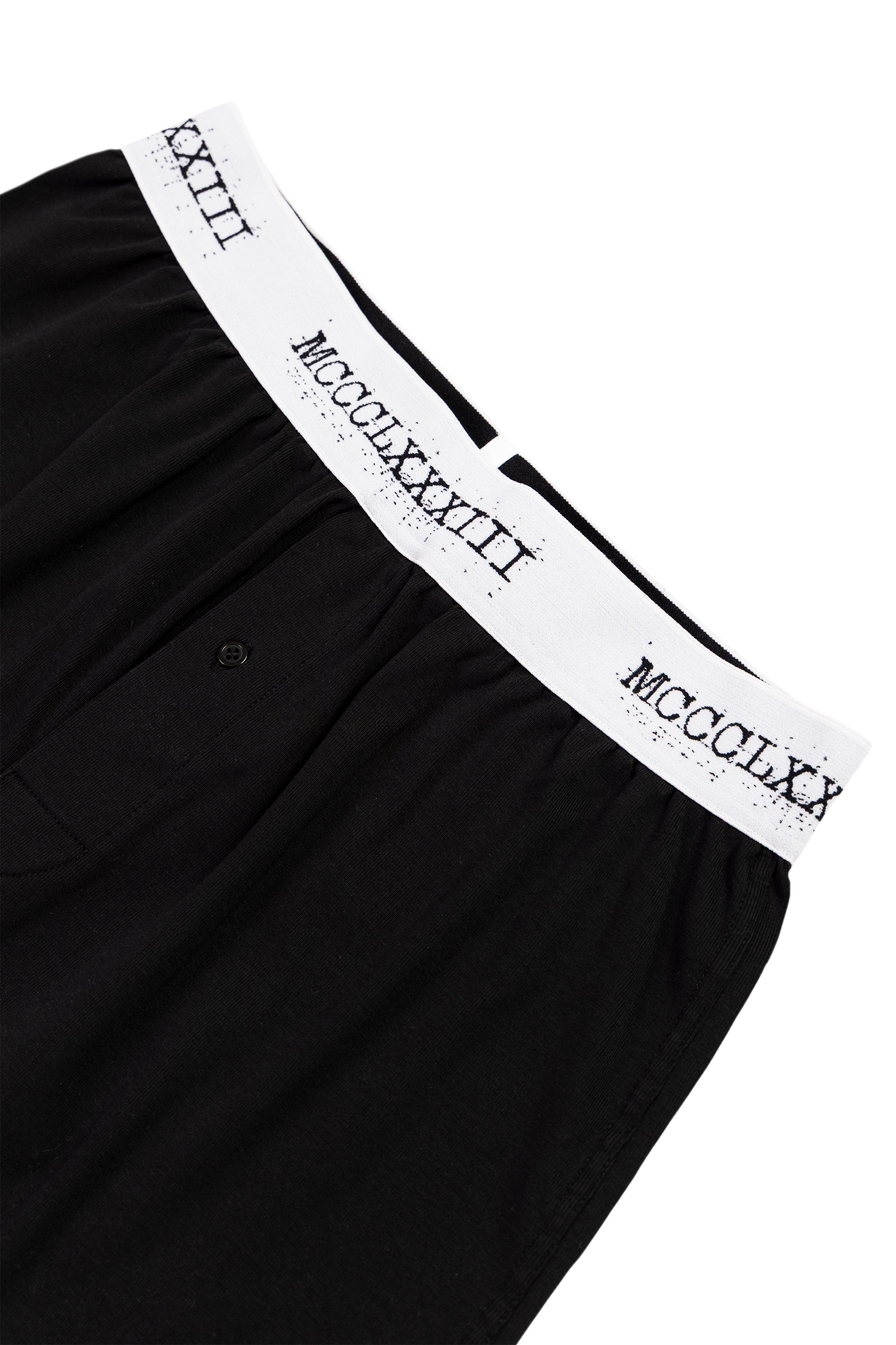Black boxers
 with white waistband featuring Roman numerals on a white background