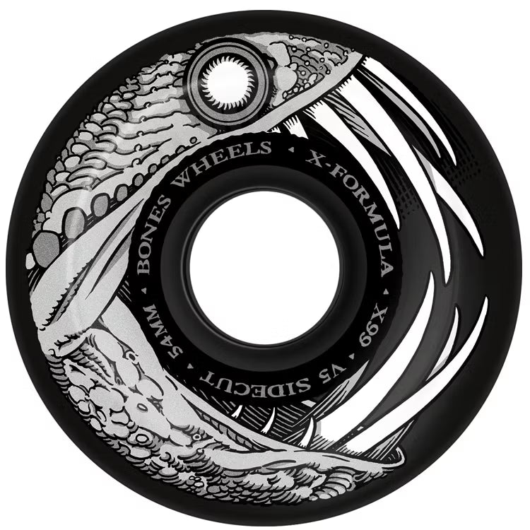 Skateboard wheel with black and white design and 'Bones Wheels' branding. Rodas da bones skate pretas