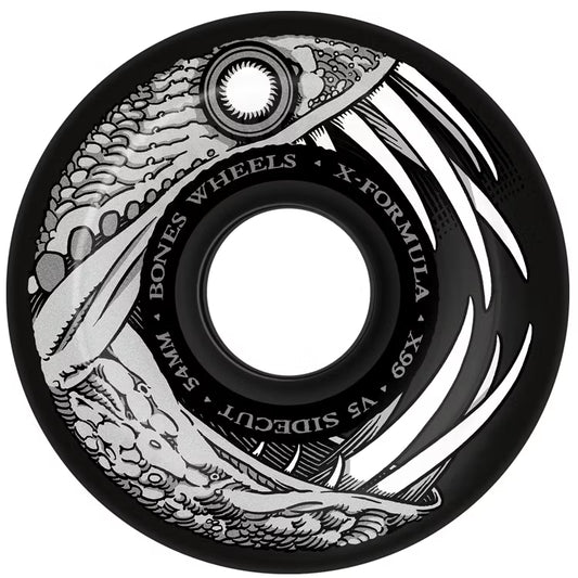 Skateboard wheel with black and white design and 'Bones Wheels' branding. Rodas da bones skate pretas