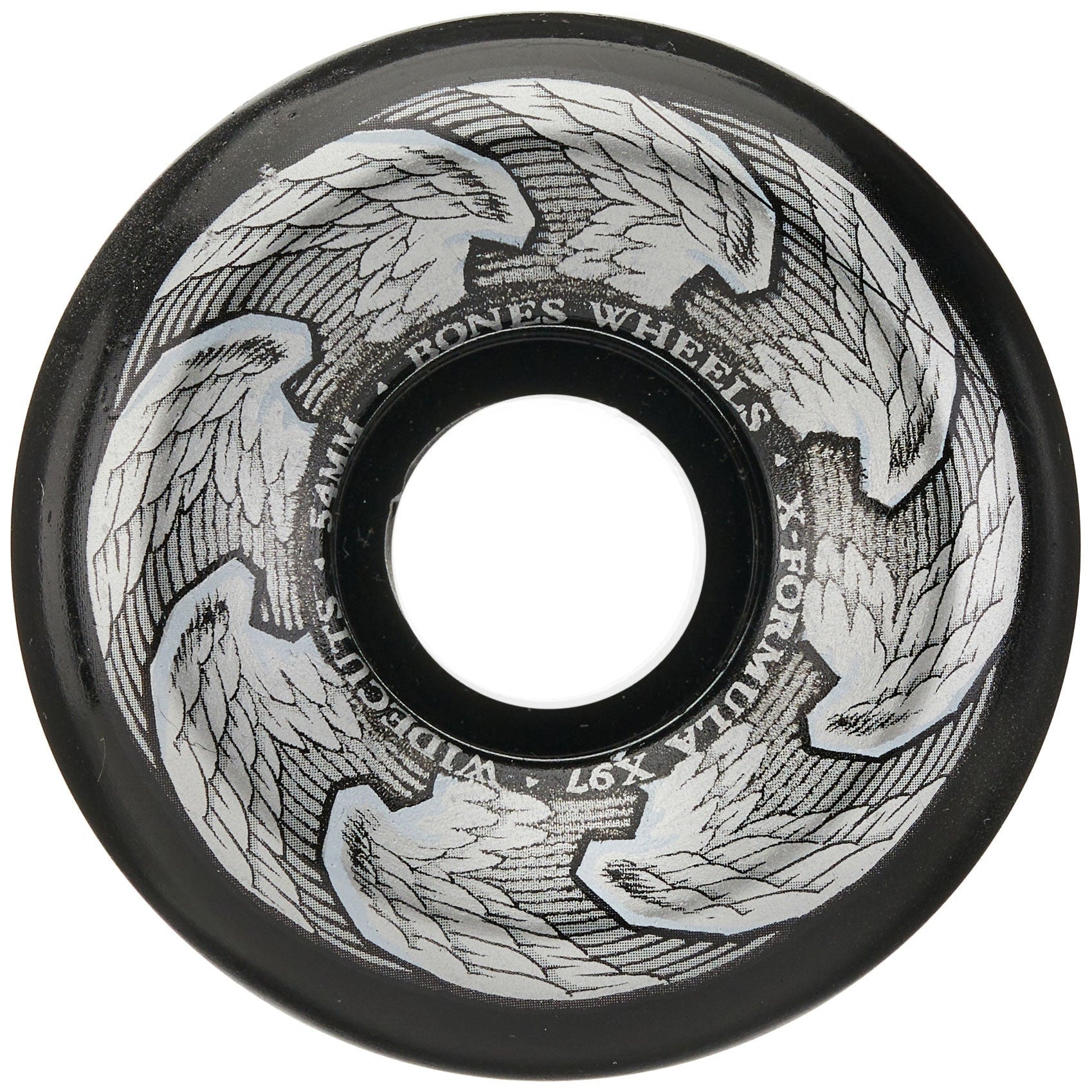 Skateboard wheel with engraved design and 'Bones Wheels' branding on a white background