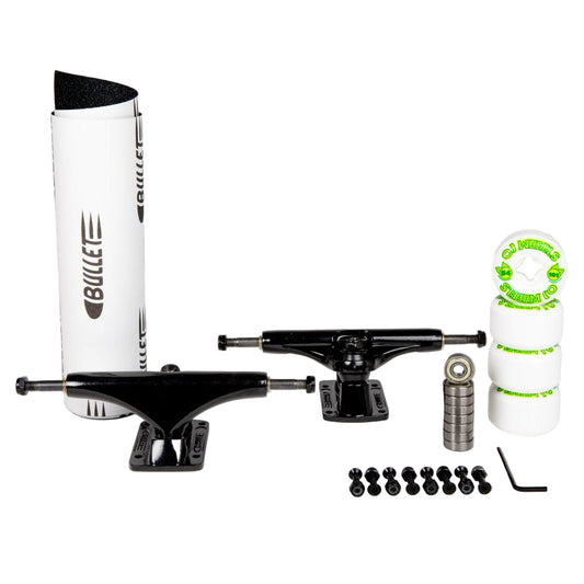Skateboard parts including trucks, bearings, and washers on a white background