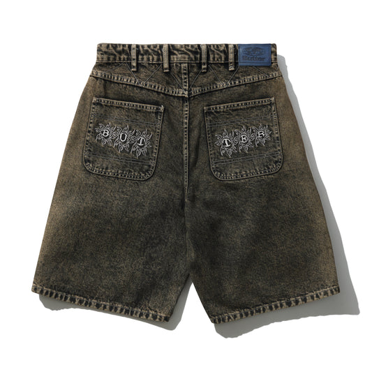 Brown denim shorts with embroidered designs on a white background