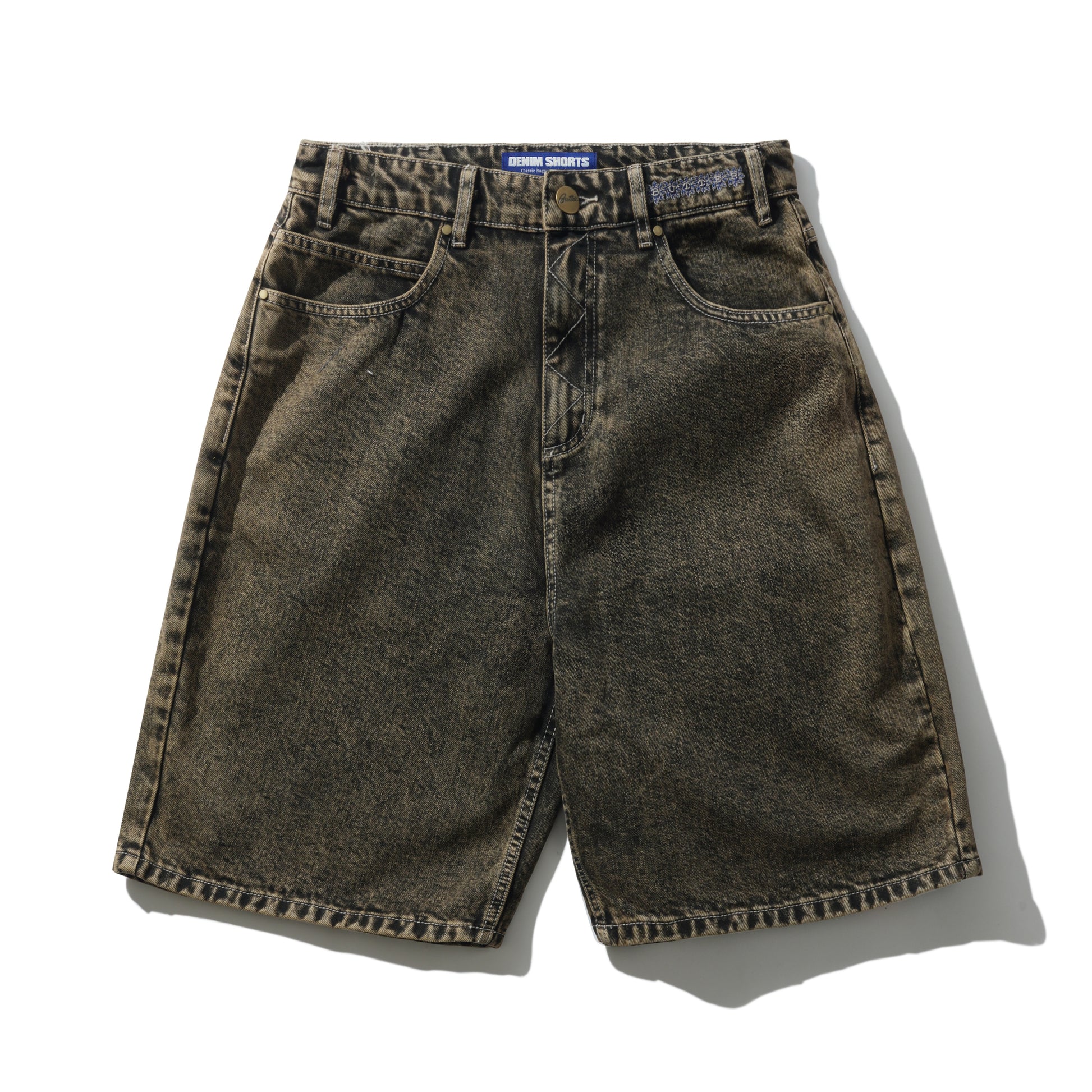 Brown denim shorts on a white background