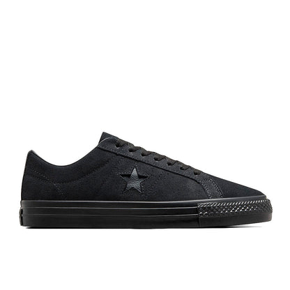 Black sneaker with a star logo on a white background
