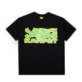 Black t-shirt with green and yellow graphic design on a white background
